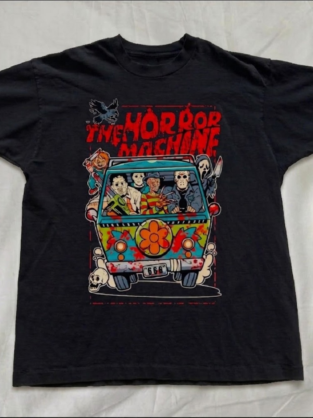 Gildan Black 'The Horror Machine' Graphic Tee with Multicolor Van Print